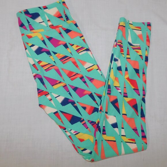 LuLaroe Teal Multicolour Zig Zag Pattern Print Womens Leggings OS size 2 -10 - Picture 1 of 7
